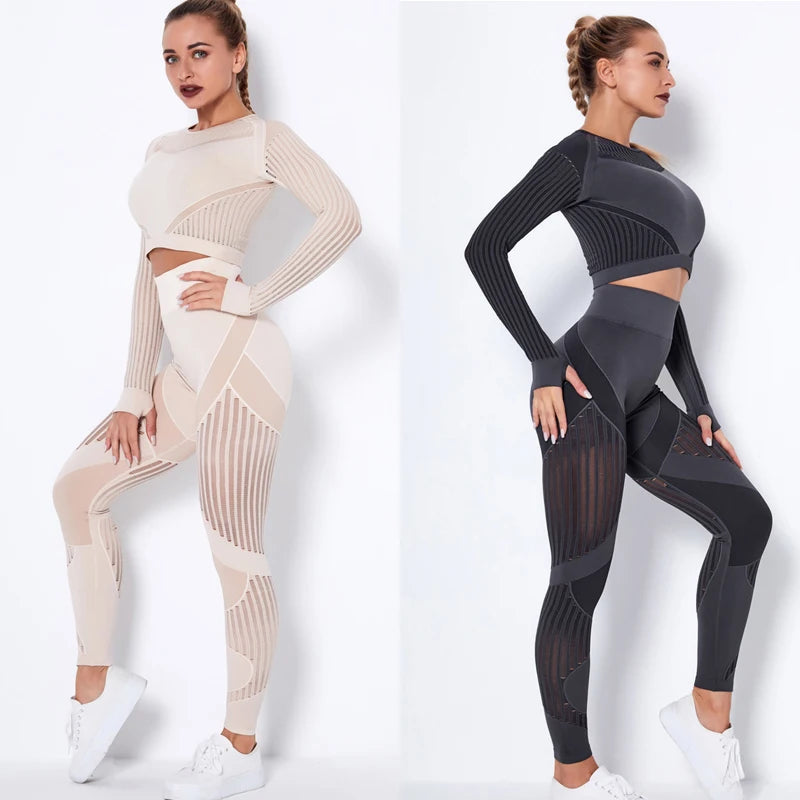 Workout Sets for Women 2 Piece Seamless Yoga Outfit Tracksuit High Waisted Leggings and Crop Top Gym Clothes Set