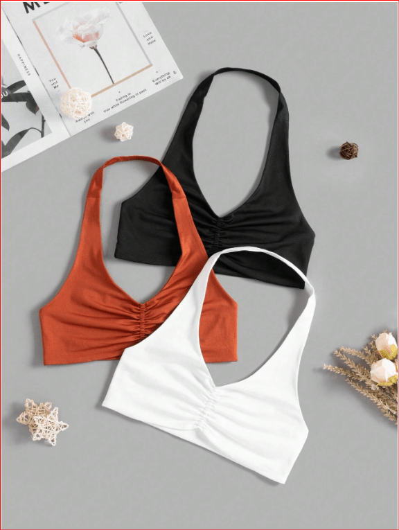 Yoga Basic 3pcs Ruched Front Backless Halter Neck Sports 