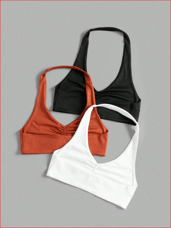 Yoga Basic 3pcs Ruched Front Backless Halter Neck Sports 