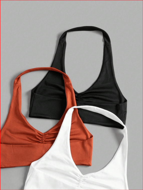 Yoga Basic 3pcs Ruched Front Backless Halter Neck Sports 