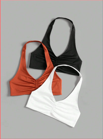 Yoga Basic 3pcs Ruched Front Backless Halter Neck Sports 