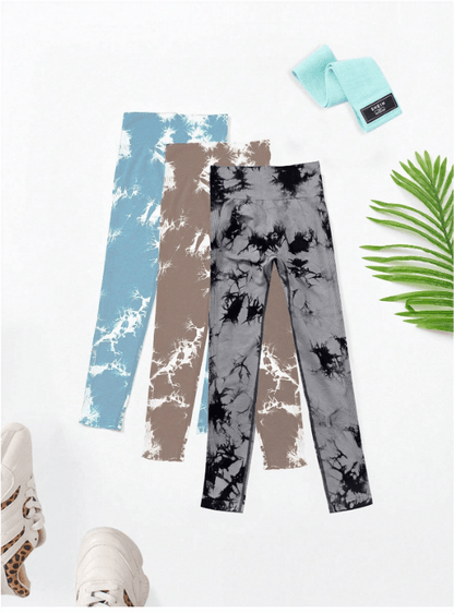 Yoga Trendy 3pcs Tie Dye Wideband Waist Sports Leggings