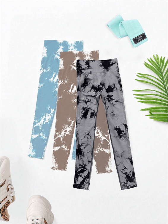 Yoga Trendy 3pcs Tie Dye Wideband Waist Sports Leggings