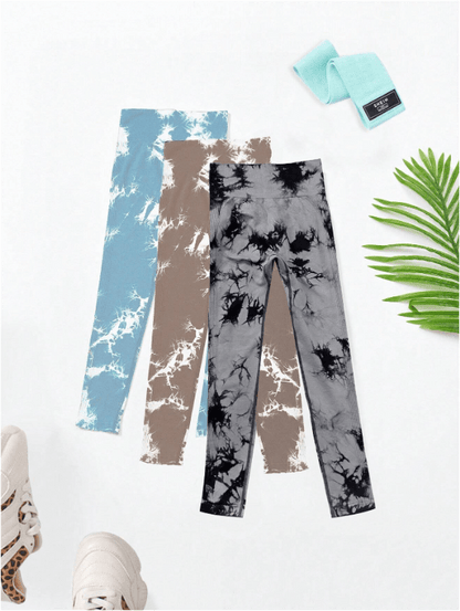 Yoga Trendy 3pcs Tie Dye Wideband Waist Sports Leggings