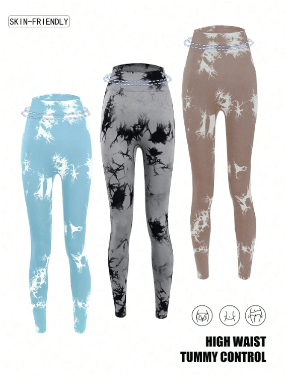 Yoga Trendy 3pcs Tie Dye Wideband Waist Sports Leggings