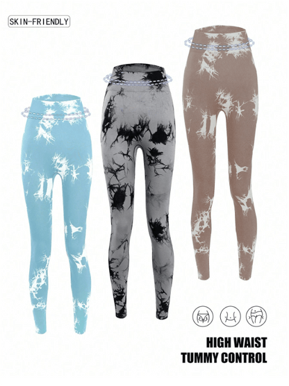 Yoga Trendy 3pcs Tie Dye Wideband Waist Sports Leggings